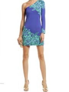 Lilly Pulitzer Whitaker One Shoulder Silk Cotton Bomber Floral Blue Dress Size S